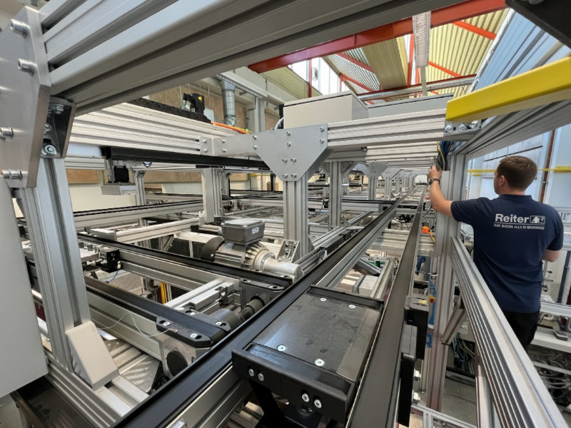 Reiter Techniker bei der Überprüfung eines Bosch Rexroth Transfersystems TS2 – zertifizierter Bosch Rexroth Partner und Anbieter in Österreich