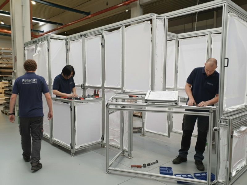 Zwei Reiter Mitarbeiter bei der Montage einer Bosch Rexroth Maschineneinhausung – stabile Schutzzäune und Sonderkonstruktionen im Leichtbau