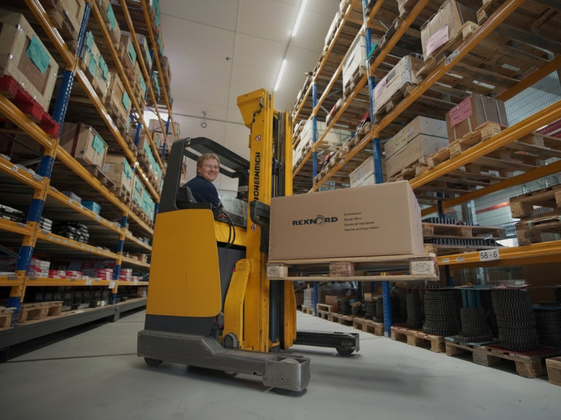 Reiter Lagermitarbeiter mit Rexnord Kiste – Partnerschaft in der Antriebstechnik mit Technologieführerschaft und österreichischer Engineering-Kompetenz