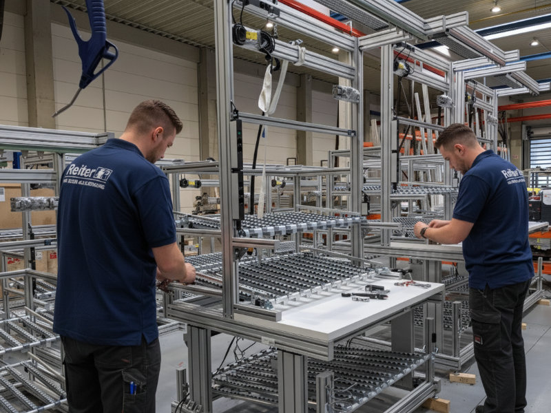 Zwei Reiter Mitarbeiter bei der Montage eines Bosch Rexroth Industriearbeitsplatzes – ergonomische, höhenverstellbare Arbeitsplatzsysteme für manuelle Produktionsprozesse