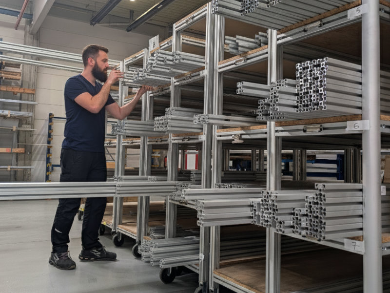 Reiter Techniker vor einem Regal mit Bosch Rexroth Aluminiumprofilen – Profiltechnik für modulare Montagetechnik