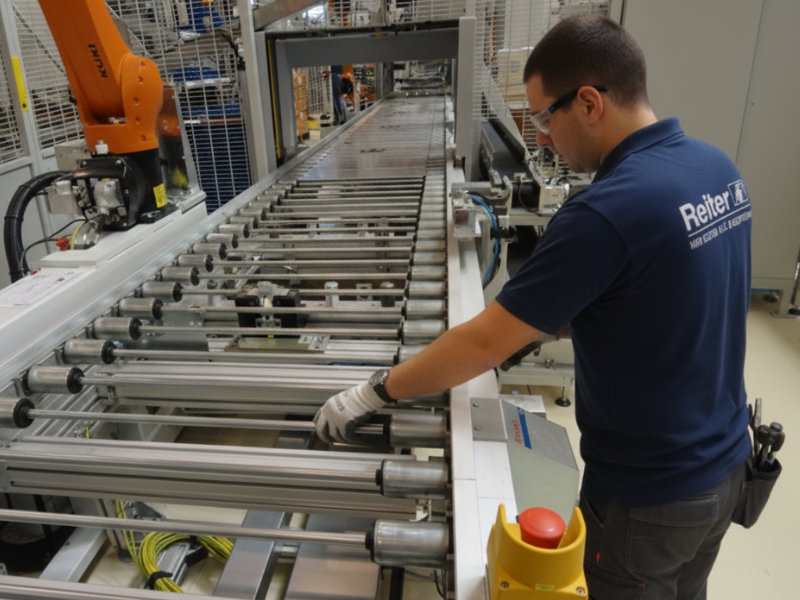 Reiter Techniker bei der Wartung eines Bosch Rexroth Transfersystems TS5 Rollenförderer – effiziente Fördertechnik für Schwerlasttransport in der Automotive-Fertigung