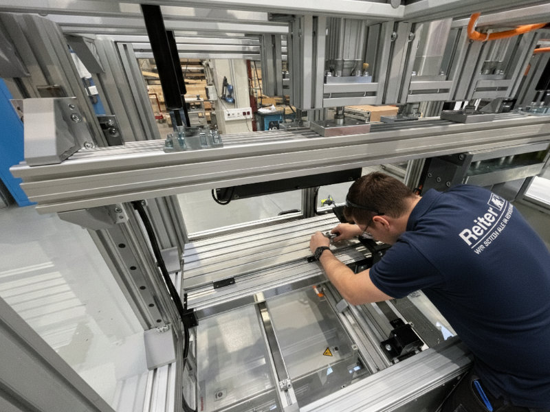 Reiter Techniker bei der Wartung und Instandhaltung einer Bosch Rexroth Verbindungstechnik mit Aluminiumprofilen in der Fertigung