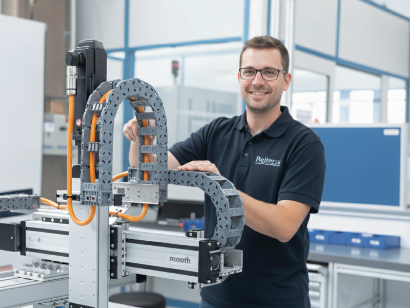 HReiter Techniker in der Fertigung Wien bei der Montage eines präzisen Mehrachssystems mit Linearmodulen und Antriebssystem