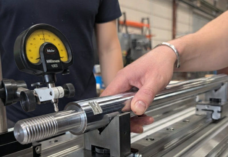 Techniker in der Fertigung bei der präzisen Bearbeitung einer Wellenführung