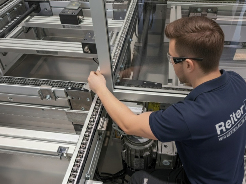 Reiter Techniker an einer Transferstraße – moderne Fördersysteme und Förderanlagen für effiziente Intralogistik und Materialflusstechnik