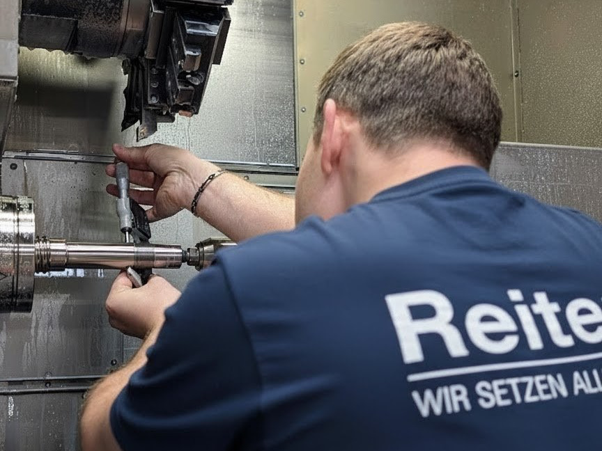 Zerspanungsmechaniker an der CNC-Fräsmaschine Zerspanungsmechaniker bedient eine CNC-Fräsmaschine bei der Bearbeitung eines Metallwerkstücks.